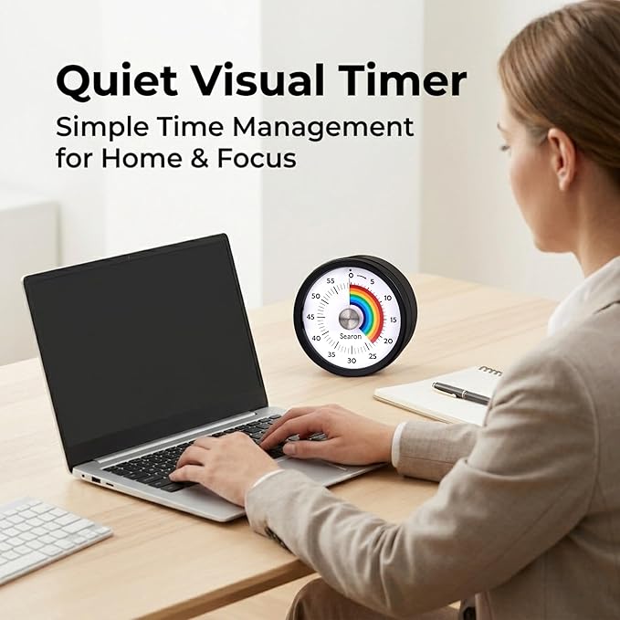 Searon Quiet Visual Timer with Magnet, Countdown Timer with Rainbow Disk and LED Alert, Easy Time Management for Home, Office, Kitchen & Study Desk (Black)