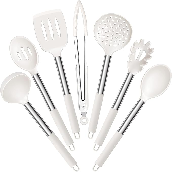 E-far Silicone Cooking Utensils Set, 7 Pcs Heat Resistant Kitchen Utensils with Stainless Steel Handle, Slotted Turner, Spoon, Soup Ladle, Pasta Server, Skimmer, Tongs for Nonstick Cookware, White by E-far