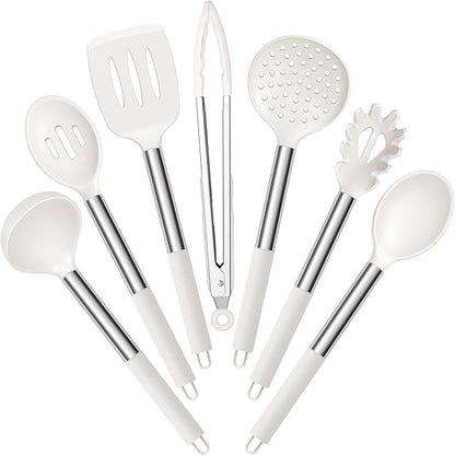 E-far Silicone Cooking Utensils Set, 7 Pcs Heat Resistant Kitchen Utensils with Stainless Steel Handle, Slotted Turner, Spoon, Soup Ladle, Pasta Server, Skimmer, Tongs for Nonstick Cookware, White by E-far