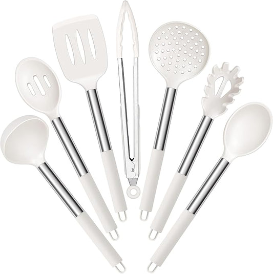 E-far Silicone Cooking Utensils Set, 7 Pcs Heat Resistant Kitchen Utensils with Stainless Steel Handle, Slotted Turner, Spoon, Soup Ladle, Pasta Server, Skimmer, Tongs for Nonstick Cookware, White by E-far