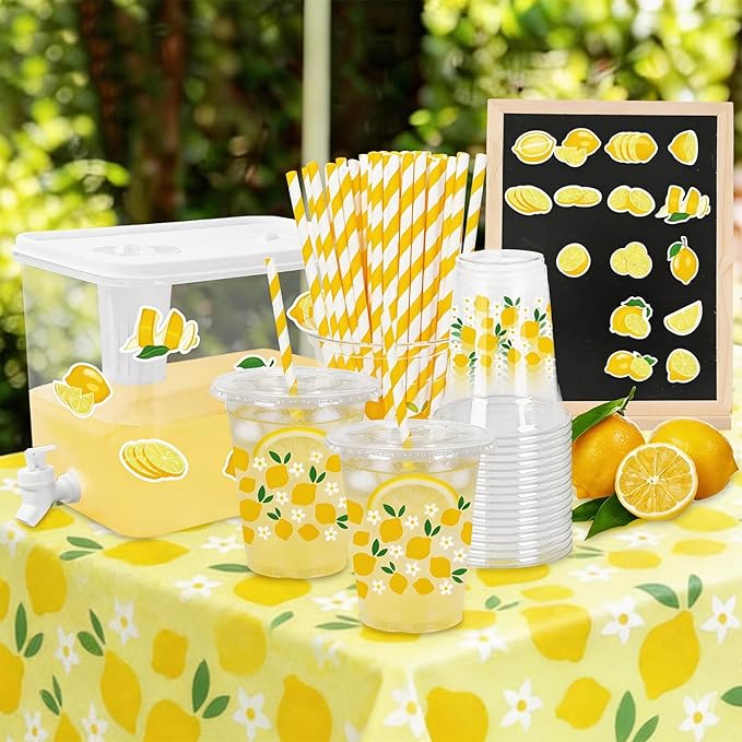 JarThenaAMCS Lemonade Stand Supplies 8.8L Plastic Drink Dispenser with Spigot 50 Sets 12 Oz Disposable Cups with Lids Straws for Water Tea Beverages Juice
