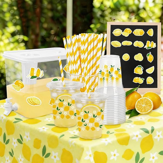 JarThenaAMCS Lemonade Stand Supplies 8.8L Plastic Drink Dispenser with Spigot 50 Sets 12 Oz Disposable Cups with Lids Straws for Water Tea Beverages Juice