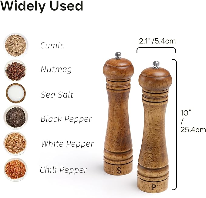 Wooden Salt and Pepper Grinder Set, Premium Oak Wood Salt Grinders Shakers, Pepper Mill with S and P Engraving, Adjustable Ceramic Grinder – 10 inches, 2 Pack - Image 5