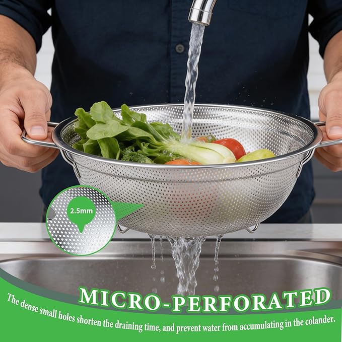Colander Set of 3, Stainless Steel Micro-Perforated Colanders Strainers for Draining Rinsing Washing, Ideal for Pasta Vegetables Fruits, Heavy Duty & Dishwasher Safe - Image 3