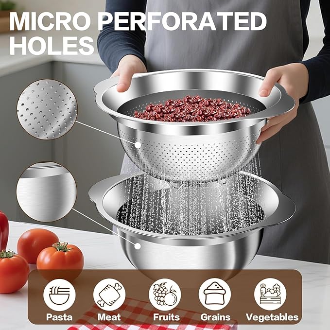 Stainless Steel Strainer with Mixing Bowl, Rice Washer, Colander for Kitchen, Rice Strainer, Fruit and Vegetable Wash, Microporous Colander, Fruit Cleaner Bowl, Dishwasher Safe - Image 6