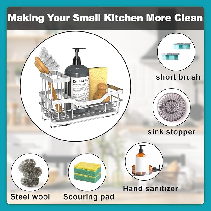 Vanwood Kitchen Sink Caddy Organizer Sponge Holder for Kitchen Sink, Rustproof Dish Soap Sponge Caddy for Counter with Detachable Brush Holder & Drain Tray - Storage Home & Cocina Accesorios, SILVER - Image 2