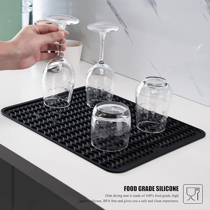 Large 17" x 14" Silicone Dish Drying Mat for Kitchen Counter, Easy clean, Quick Dry, Heat-resistant Dish Drainer Mat for Sink,Refrigerator or Drawer liner (Food Grade Silicone-Black) - Image 5