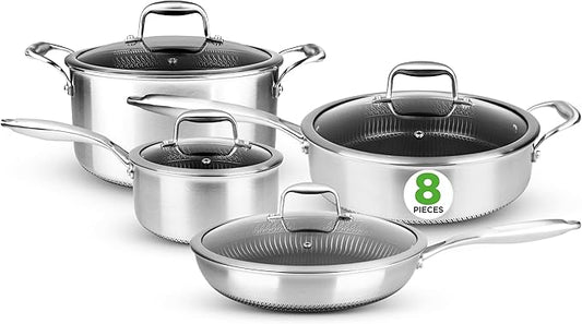 NutriChef 8-Piece Triply Cookware Set Stainless Steel - Triply Kitchenware Pots & Pans Set Kitchen Cookware, Non-Stick Coating - Sauce Pot, Stew Pot, Cooking Pot, Frying Pan, Lids