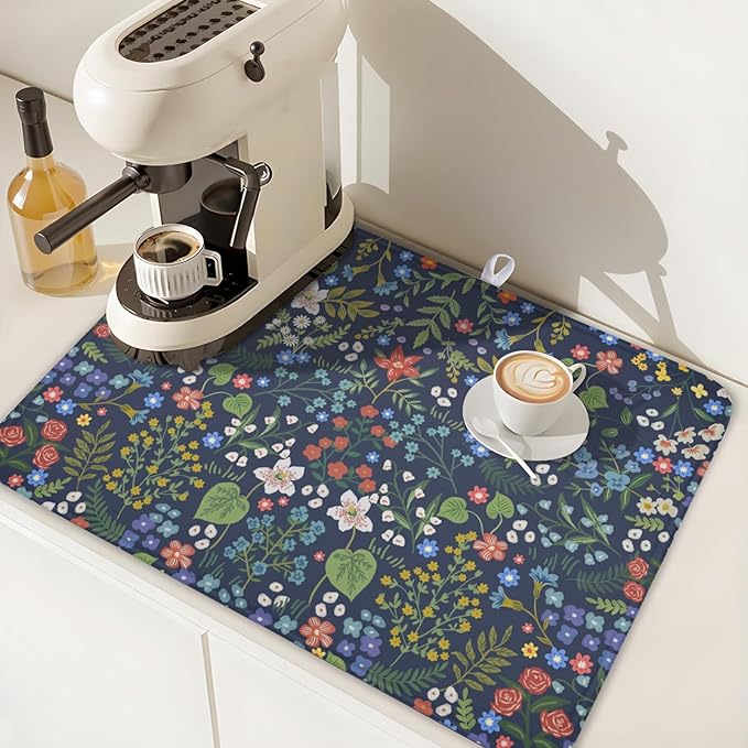 Flower Floral Dish Drying Mat 18x24 inch Microfiber Navy Blue Drying Mats with Hanging Loop Absorbent Green Leaves Dish Drainer Mat Reversible Flowers Drying Pad for Kitchen Counter Sink - Image 5