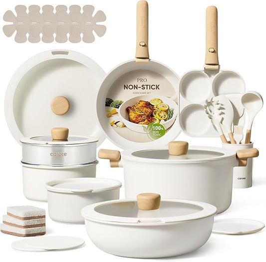 CAROTE 33pcs Pots and Pans Non Stick, Cookware Sets Detachable Handle, Induction Kitchen Pots and Pans, NonStick Cooking Set, Oven/Dishwasher/Fridge Safe, Space Saving by CAROTE