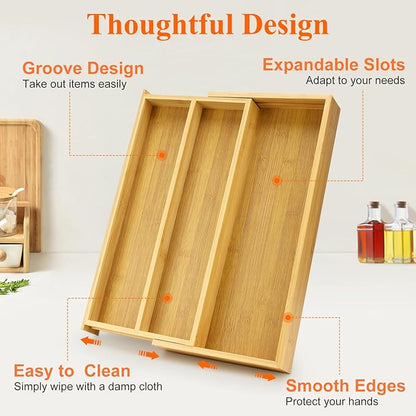 Large Bamboo Silverware Drawer Organizer Tray Kitchen Tool Drawer Divider Organizers Storage Expandable Cooking Utensil Organizer Wooden Cutlery Tray Spoon Flatware Organizers Utensil Holder Drawers - Image 6