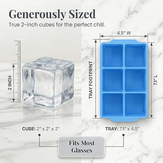 KitchFort Large Silicone Ice Cube Tray (3-Pack), Easy Release 2" Big Ice Cubes - Cocktail, Whiskey Ice Cubes Mold - Ice Trays for Freezer with Lid - Stackable Silicone Ice Tray - Blue