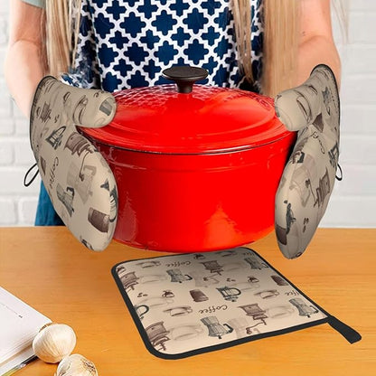 Vintage Coffee Themed Oven Mitts Heat Resistant,Vintage Pot Holder and Oven Mitts Set of 3 for Baking Cooking Grilling BBQ,Housewarming Gifts & Baking Gifts for Women Coffee Lover
