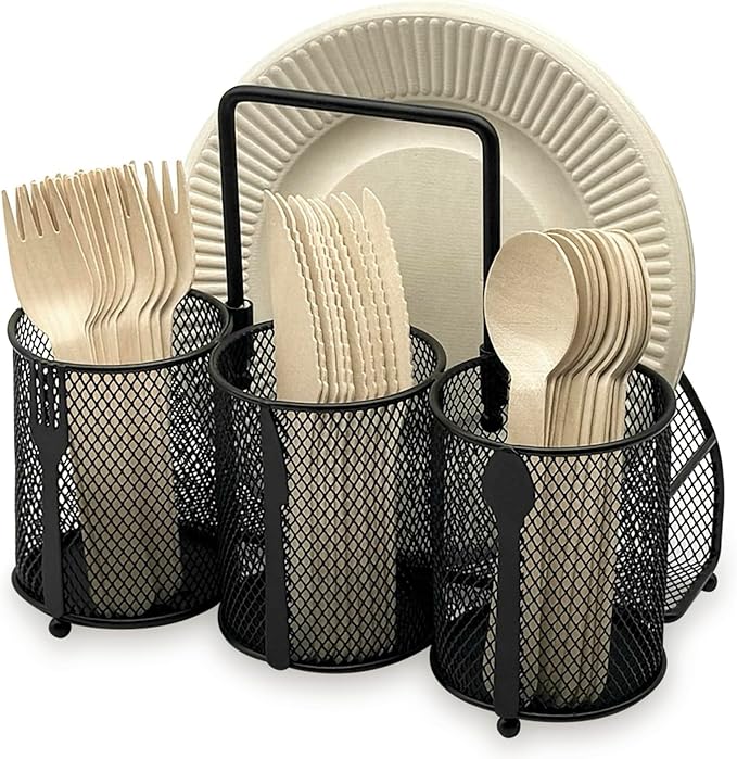 DysanVica Utensil Caddy Silverware Holder - 4 Compartment Metal Mesh Cutlery Fork Spoon Napkin Plate Organizer Flatware Storage Basket Party Kitchen Countertop Buffet Picnic Camping Outdoor BBQ Black by DysanVica
