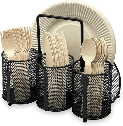 DysanVica Utensil Caddy Silverware Holder - 4 Compartment Metal Mesh Cutlery Fork Spoon Napkin Plate Organizer Flatware Storage Basket Party Kitchen Countertop Buffet Picnic Camping Outdoor BBQ Black by DysanVica