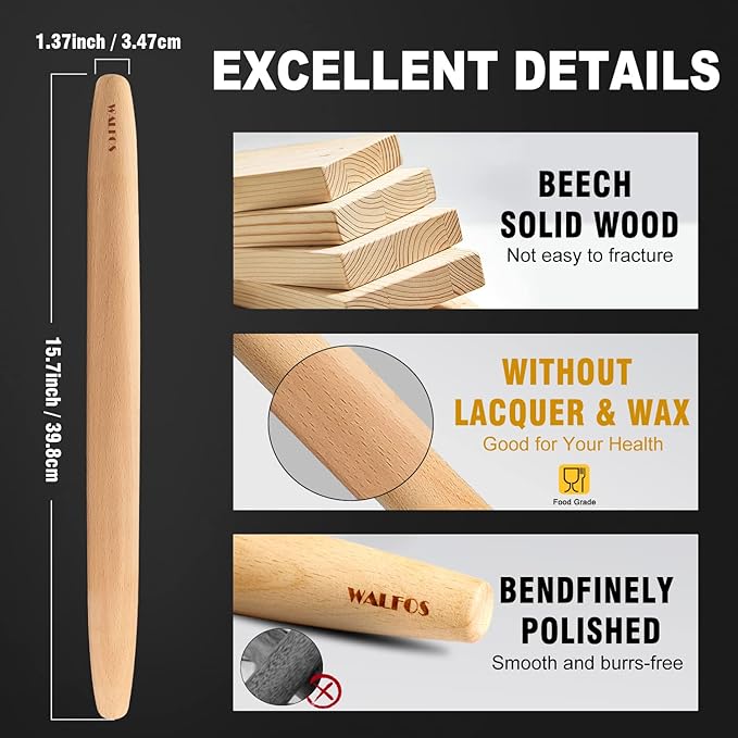 WALFOS French Rolling Pin and Silicone Baking Mat Set, Non-Stick Beech Wood Rolling Pin 15.7 Inch and Pastry Mat for Best Pie Crust, Cookie, Pasta and Pizza Dough - Image 3