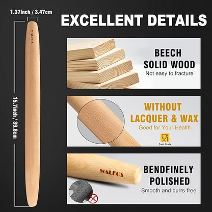 WALFOS French Rolling Pin and Silicone Baking Mat Set, Non-Stick Beech Wood Rolling Pin 15.7 Inch and Pastry Mat for Best Pie Crust, Cookie, Pasta and Pizza Dough - Image 3