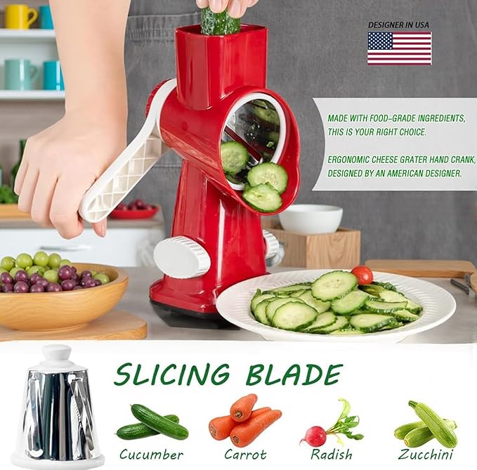 Cheese Grater with Handle, Multifunctional Manual Rotary Cheese Grater - Cheese Shredder Easily Chop Carrots, Potatoes, Vegetables and Fruits and Easy to Clean(red) - Image 2
