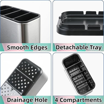 LIBODOUR Utensil Holder,Stainless Steel Caddy Counter,Spoon holder,4 Compartments Silverware Caddy,Capacity Flatware Spoon Fork Tool Cutlery Holder（Silvery） - Image 6