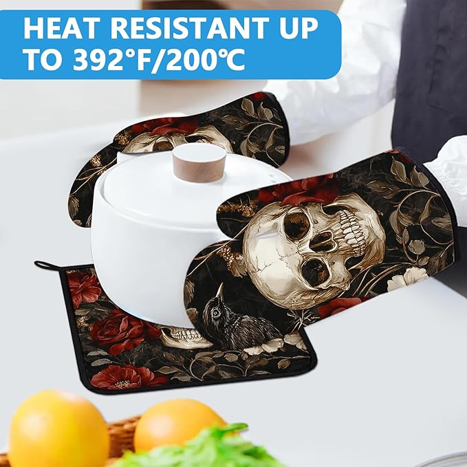 Halloween Skull Rose Crow Oven Mitts and Pot Holders Sets Heat Resistant 4Pcs Potholders Oven Gloves Hot Pads for Kitchen Baking Cooking Grilling BBQ