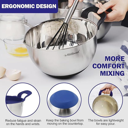Hillbond Mixing Bowls with BPA Free Airtight Lids Stainless Steel Nesting Bowls with Pour Spout, Silicone Handle Non-Slip Bottoms for Baking, Dishwasher Safe Metal Bowls, 1.5, 3, 5 QT (Blue)