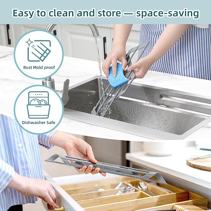 Ohuhu Triangle Roll Up Dish Drying Rack, Anti-Slip Organizer for Kitchen Sink Drying Rack with Full Silicone Wrapped for Top of Sink Coner Grey - Image 7