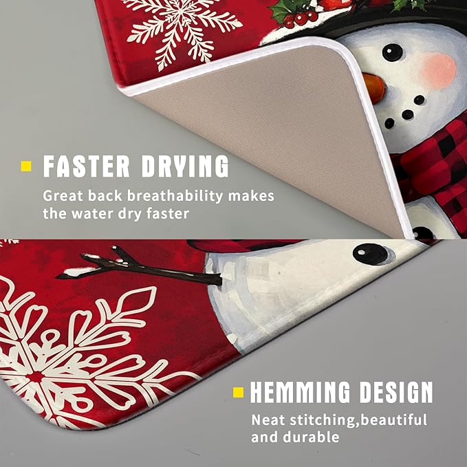 Christmas Snowman Dish Drying Mat for Kitchen Counter 16x18 Xmas Snowflake Winter Holiday Dark Red Absorbent Reversible Microfiber Drying Mats Kitchen Countertop Protector Dishes Drainer Rack Pad - Image 3