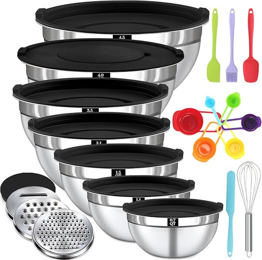 21PCS Mixing Bowls with Lids Set - 7 Nesting Mixing Bowls, 3 Graters, 11 Baking Tools, Lids, Stainless Steel Mixing Bowls for Mixing & Baking, Size 0.7/1.1/1.5/2.1/3.5/4/4.5 QT, Black by Boskermeal