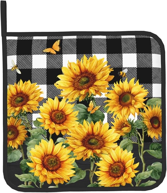 Sunflower Oven Mitts and Pot Holders Sets of 2 Buffalo Plaid Kitchen Mitts Farmhouse Hot Pads for Cooking Baking Grilling - Image 9