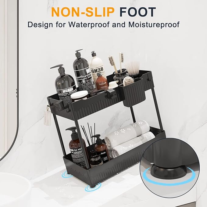 Sevenblue 2 Pack Under Sink Organizer, Under Bathroom Cabinet Organizer with Hooks Hanging Cup, Multi-Purpose Storage Shelf for Kitchen Bathroom, Black - Image 6