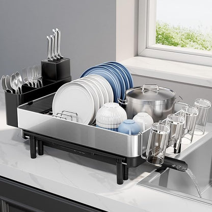 Urackify Dish Drying Rack for Kitchen Counter - Stainless Steel Dish Drainer with Drain Board, Removable Utensil Holder, Rust-Proof Plate, Non-Slip Feet, Large Capacity for 10 Plates 6 Bowls 4 Cups - Image 8
