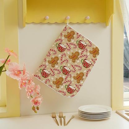 Christmas Dish Drying Mat 18x24 Inch Winter Brown Gingerbread Man Dish Drainer Protector Pad for Kitchen Counter Absorbent Marshmallow Candy Xmas Drying Pad for Drainer Rack Kitchen Fast Dry