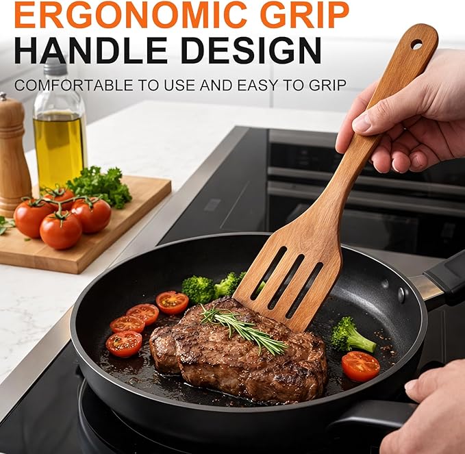 7 Pcs Acacia Wood Cooking Utensils Set Large Wooden Spoons for Cooking Spatula Salad Mixing Spoon Non Toxic Utensil for Kitchen Use Spatulas Non Stick Turner Slotted Serving Spoon Kitchen Utensils - Image 3