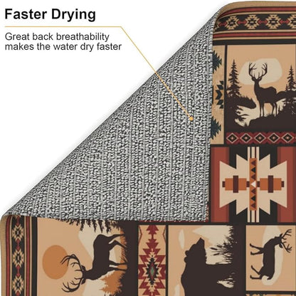 Western Wildlife Geometric Dish Drying Mat for Kitchen Counter, 16" x 18" Absorbent Microfiber Foldable Drying Pad for Dishes, Absorption, Washable, Decorative Rustic Kitchen Mat for Sink, Home Decor