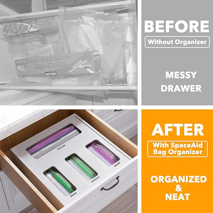 SpaceAid Bag Storage Organizer for Kitchen Drawer, Bamboo Organizer, Compatible with Gallon, Quart, Sandwich and Snack Variety Size Bag (1 Box 4 Slots), White - Image 2