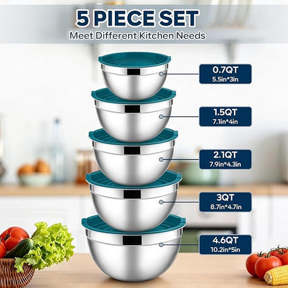 E-far Mixing Bowls With Lids Sets of 5, 10-Piece Stainless Steel Salad Metal Nesting Bowl for Baking Cooking and Prepping, Airtight Lid & Stackable Design, Size 4.6, 3, 2.1, 1.5, 0.7 QT, Blue - Image 2