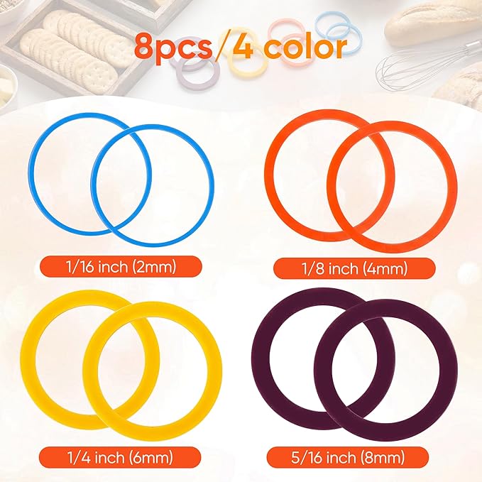 Rolling Pin Guide Rings(1/16”to 5/16''), Multicolored Flexible Silicone Spacer Bands, Reusable 8 Piece Set Baking Accessories to Precise Thickness Dough for Pizza, Cookies,Pies, Pastries, Pasta