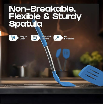 BakeRoyal Silicone Spatula Set - Turner Spatulas Silicone Heat Resistant 600°F - Slotted & Solid Spatula for Cooking Fish, Eggs, Pancakes Flipper – Spatulas for kitchen use – Blue - Image 6