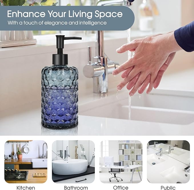 Topsky Glass Soap Dispenser with Plastic Pump, 475ml Liquid Hand Soap Dispenser, Rustproof Pump for Kitchen & Bathroom, Great for Lotions, Essential Oil, Liquid Soaps (Grayish Blue) - Image 5