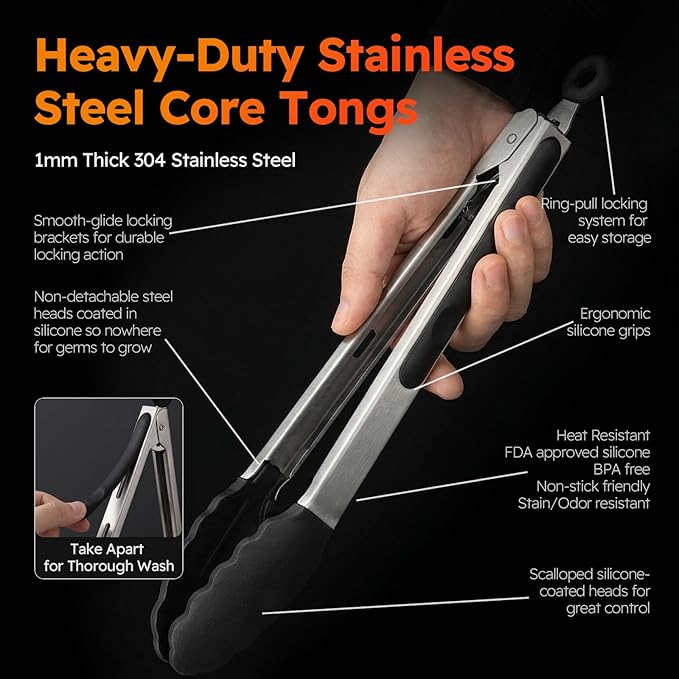 HST Tongs for Cooking with Silicone Tips(3 Pack), Non Stick Kitchen Tongs with Silicone Tip for Cooking BBQ Baking (12", Black) - Image 5