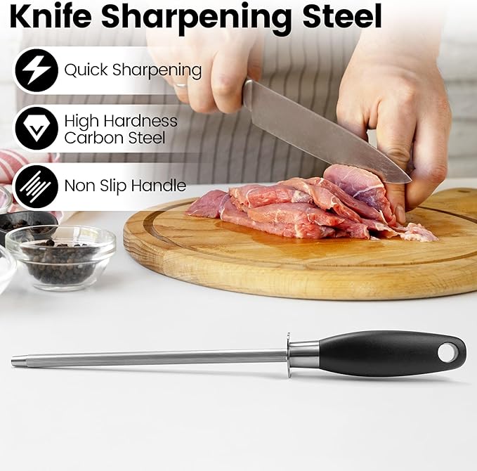Kitchen Knife Sharpener Rod, Fast Sharpening Professional Blade Sharpener Carbon Steel, Chrome Plated Honing Rod With Hanging Hole, Black 8 Inch - Image 3