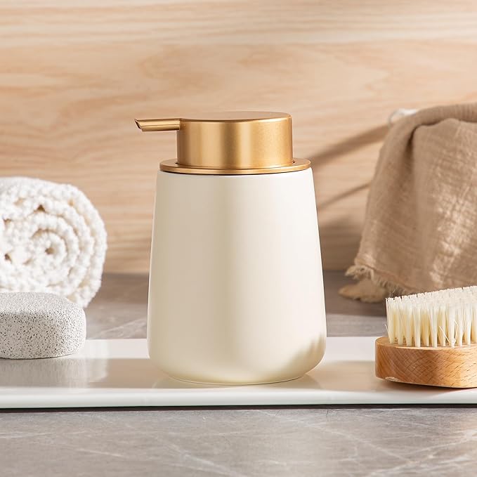 Enra Foaming Soap Dispenser,12 Oz Modern Foam Soap Dispenser with Gold Pump for Bathroom, Kitchen with Easy-to-Press Pump (Beige Foam Gold Pump)
