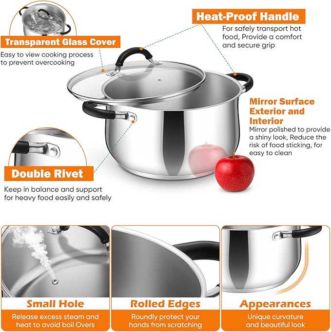 P&P CHEF Stainless Steel Stock Pot, 8 Qt Cooking Soup Pot with Visible Lid for Pasta, Tri-Ply Bottom & Dual Heatproof Handles, For Induction Gas All Stoves, Non-Toxic & Dishwasher Safe - Image 4