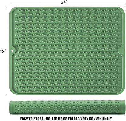 Large 24" x 18" Silicone Dish Drying Mat for Kitchen Counter, Easy clean, Quick Dry, Heat-resistant Dish Drainer Mat for Sink,Refrigerator or Drawer liner (Food Grade Silicone-Dark Green) - Image 2