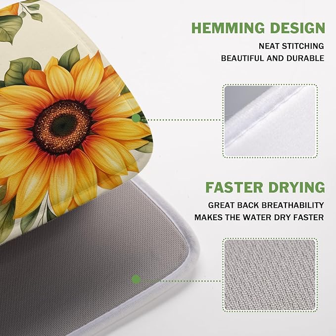 Spring Summer Dish Drying Mat 16x18 Inch Absorbent Reversible Sunflower Drying Mat Sunflower Bee Dish Drying Rack Mat Yellow Summer Themed Dish Drainer Mat for Kitchen Counter Coffee Bar