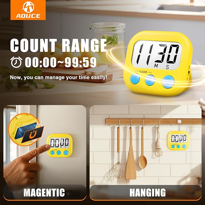 2 Pack Digital Kitchen Timer for Cooking Big Digits Loud Alarm Magnetic Backing Stand Cooking Timers for Baking Yellow - Image 4