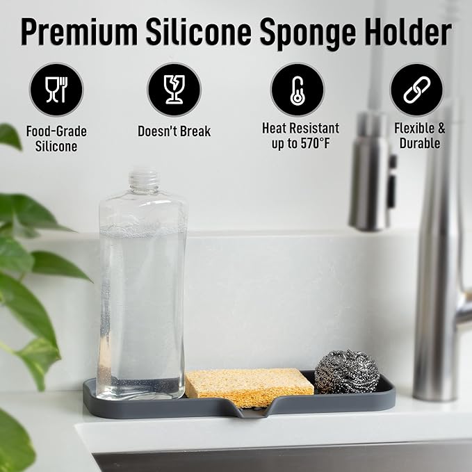 Zulay Kitchen Large Silicone Sponge Holder (12x4) – Flexible Sink Organizer Tray for Kitchen & Bathroom – Multipurpose Soap Dish for Sponges, Makeup, Trinkets & More (Grey) - Image 2