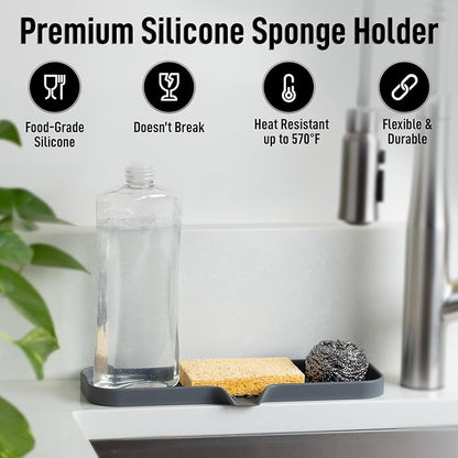 Zulay Kitchen Large Silicone Sponge Holder (12x4) – Flexible Sink Organizer Tray for Kitchen & Bathroom – Multipurpose Soap Dish for Sponges, Makeup, Trinkets & More (Grey) - Image 2