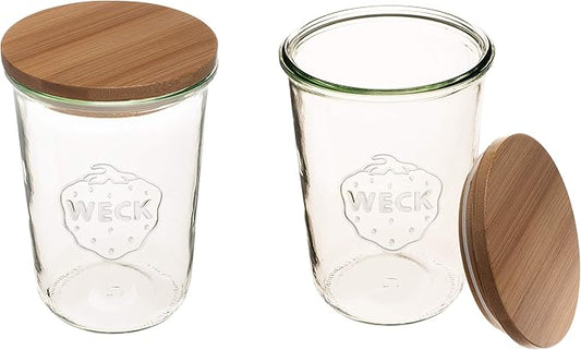 WECK Canning Jars 743-25.3 fl. oz Mold Jars - Eco-Friendly Canning Jar - Storage for Food, Yogurt with Air Tight Seal and Lid - 3/4 Liter Tall Jars Set - Set of (2 Jars with Wooden Lids)