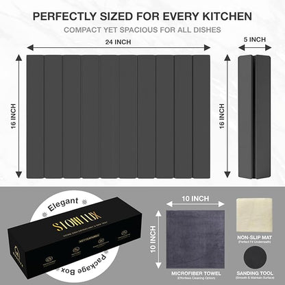 Large Stone Drying Mat for Kitchen Counter | 24"x16" | Fast Drying Collapsible Diatomaceous-Earth Mat | Super Absorbent Folding Mat for Dishes, Bottles, Glass, Heat-Resistant, Non-Slip (Dark Gray)